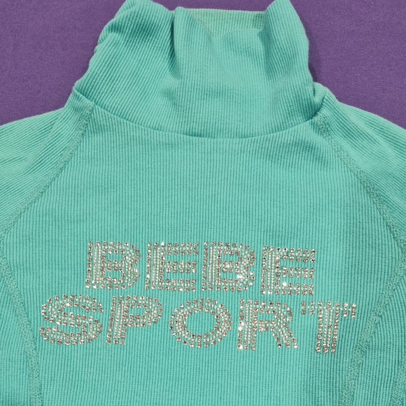 Bebe Sport Rhinestones Logo Turquoise Turtle Neck Sweat Shirt - Small. - Picture 3 of 5